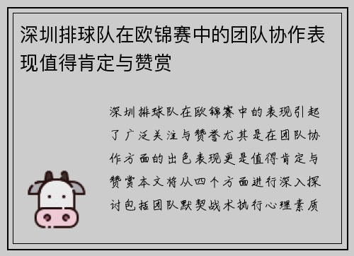 深圳排球队在欧锦赛中的团队协作表现值得肯定与赞赏